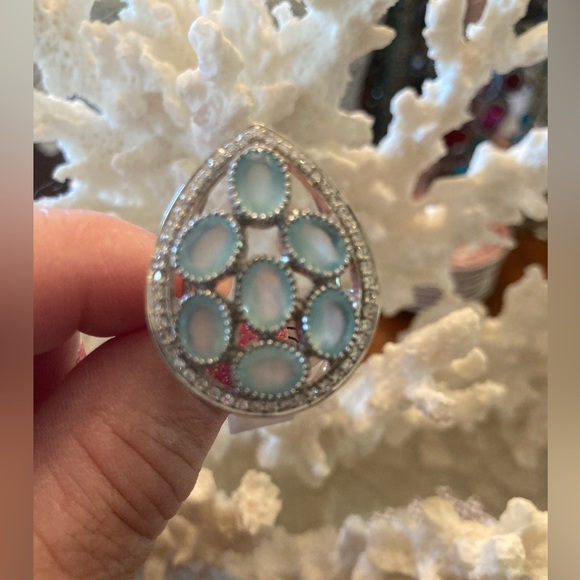 Faceted Blue Chalcedony and CZ Ring Teardrop Shape NWT sz 8 SS GORGEOUS - Picture 3 of 7